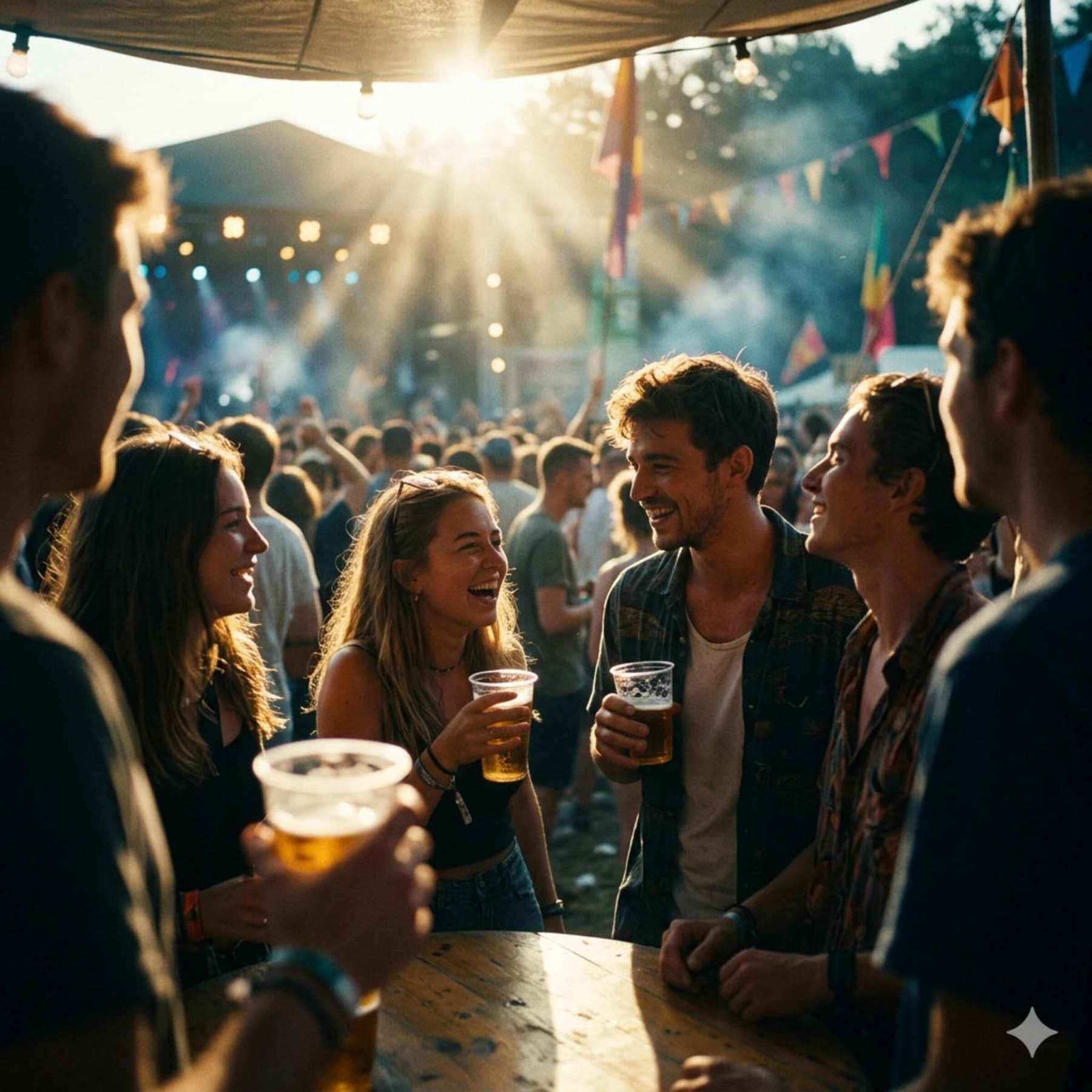 Festival crowd with beers in hand at golden hour